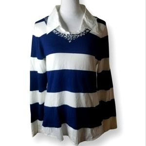 INC International Concepts Layered Look Navy & White Embellished Top